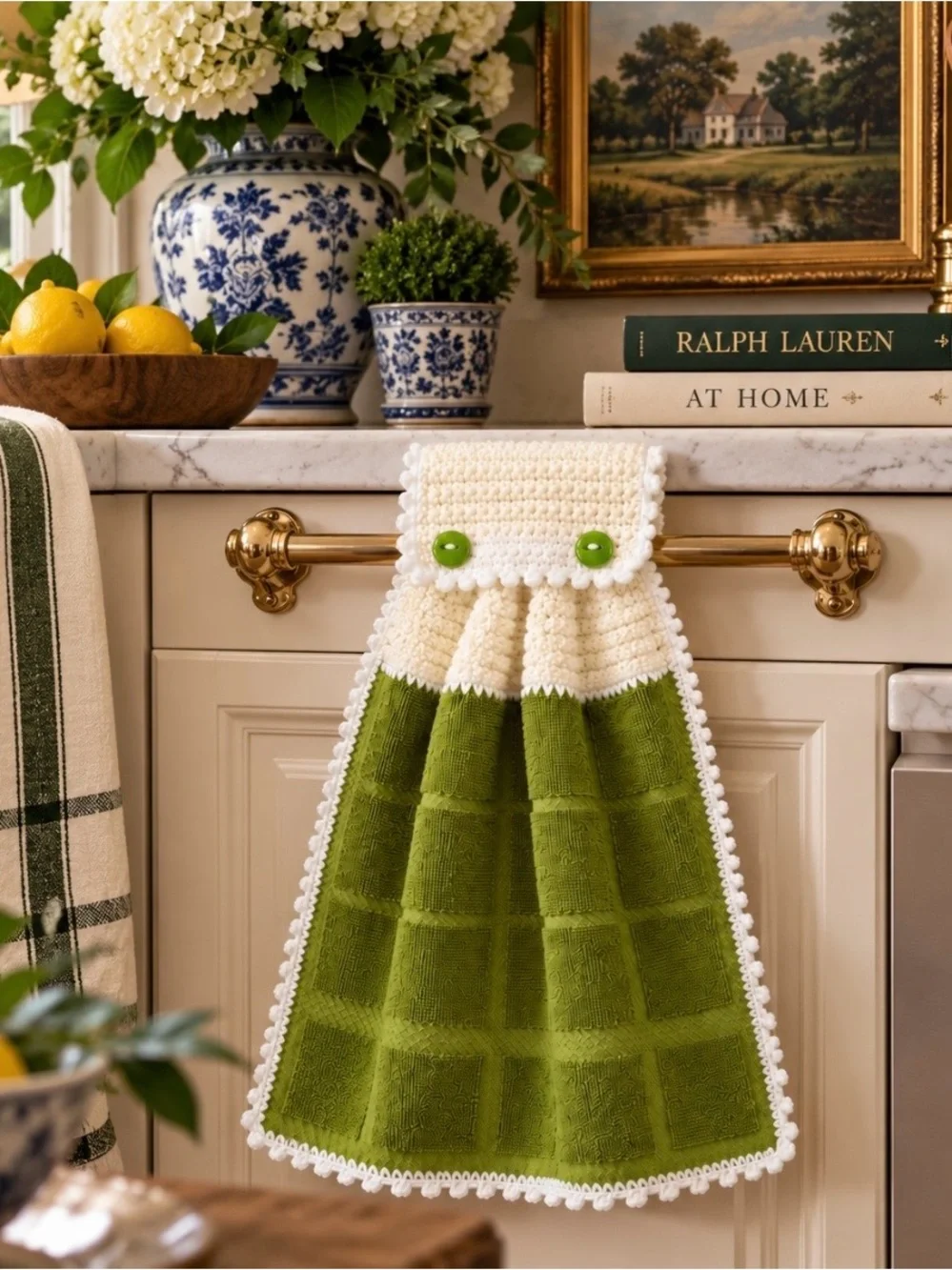 Handmade Chartreuse Olive Green Crochet Hanging Kitchen Towel